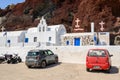 Charming Greek church on the side of the mountain of famous Red Beach of Akrotiri.