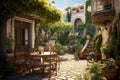 Charming Greek house backyard. Generate Ai