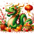 A charming green dragon in cheerful and graceful, with red lampion, mandarin orange fruit, sakura flower, cartoon, happiness