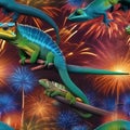 A charming group of chameleons changing colors to match the vibrant fireworks overhead3