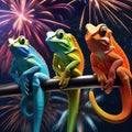 A charming group of chameleons changing colors to match the vibrant fireworks overhead2