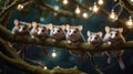Five Adorable Baby Opossums Hanging on a Mossy Branch at Night with Fairy Lights Royalty Free Stock Photo
