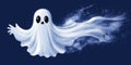 Charming Halloween Ghost Silhouette Floating Gracefully Against a Deep Blue Night Sky Background Royalty Free Stock Photo