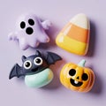 Cute halloween decorations isolated on white background featuring a ghost, bat, pumpkin, and candy corn Royalty Free Stock Photo