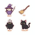 Charming Halloween Stickers - Witch, Broom, Cauldron, and Black Cat Royalty Free Stock Photo