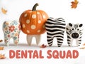 Charming Halloween-themed Dental Squad with pumpkin jack-o\'-lantern tooth and two patterned teeth holding hands, surrounded by Royalty Free Stock Photo
