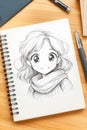 A charming hand-drawn anime character sketched in a spiral-bound notebook, featuring a happy, cute expression Royalty Free Stock Photo