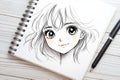 A charming hand-drawn anime character sketched in a spiral-bound notebook, featuring a happy, cute expression Royalty Free Stock Photo
