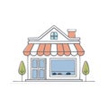Charming Hand Drawn Cartoon Storefront Illustration with Striped Awning, Display Window, and Trees Royalty Free Stock Photo