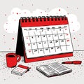 Hand-drawn flat vector illustration of a desk calendar with red dates, a coffee mug, and a notebook. Royalty Free Stock Photo