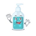 A charming hand sanitizer mascot design style smiling and waving hand