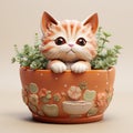 Charming Handmade Cat Flowerpot Illustration In Zbrush Style