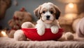 A charming Havanese puppy dog cozily nestled in a red bowl filled with plush toys Royalty Free Stock Photo