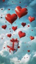 Charming heart shaped balloons elevating presents into a whimsical sky full of floating hearts Royalty Free Stock Photo