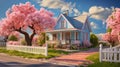 Charming home exterior with green grass and blooming cherry blossom trees in spring