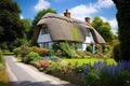 A charming house with a traditional thatched roof, nestled amidst a vibrant display of flowers, A quaint countryside cottage with