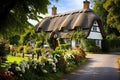 A charming house with a traditional thatched roof, nestled among a variety of vibrant flowers, A quaint countryside cottage with a