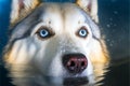 Charming husky dog with blue eyes floats on the water, muzzle close-up.Cute siberian husky dog in the water.