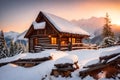 A charming hut perched on the mountainside, surrounded by a pristine blanket of snow