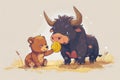 Charming illustration of a bear cub receiving a Bitcoin crypto coin from a friendly bull