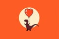 Charming illustration of a brown dinosaur with a vibrant heart balloon, set against a warm orange circle and backdrop