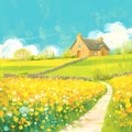 Vibrant Spring Village Path Illustration Royalty Free Stock Photo