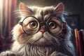 A charming illustration of a cat wearing glasses, with a curious expression on its face, generative ai
