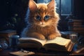 charming illustration of a cute, spectacled kitten curled up with a good book. reading, education, or children's