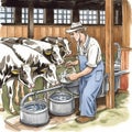 Dairy Farmer Milking Cows in Barn