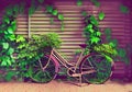 Illustration of a Nostalgic Scene: An Old Bicycle Covered in Luxuriant Plants Leans Against a Time-Worn Wall