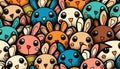 Easter Bunny Heads Doodle Pattern. AI generative.