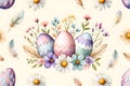 Watercolor Easter eggs with flowers and feathers on a cream background Royalty Free Stock Photo