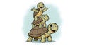Three happy cartoon turtles stacked on top of each other, with the top turtle waving. Royalty Free Stock Photo