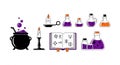 Whimsical collection of halloween potion bottles bubbling cauldron spellbook and candle for magical crafting Royalty Free Stock Photo