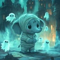 Cute Mummy Elephant with Spooky Ghosts in a Castle Royalty Free Stock Photo