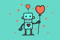 A charming illustration featuring a cute robot with a heart design holding a heart-shaped balloon, against a teal background