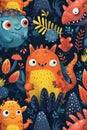 Charming illustration featuring whimsical monsters and vibrant underwater flora