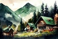 A charming illustration of a green village surrounded by mountains, creating a peaceful and idyllic scene