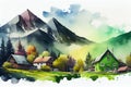 A charming illustration of a green village surrounded by mountains, creating a peaceful and idyllic scene