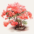 Charming Illustration Of A Red Flowering Tree With Masterful Shading