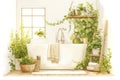 Charming illustration of a serene bathroom oasis, filled with lush greenery