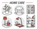 Illustration of home care elements featuring furniture and decorative objects in a simple style Royalty Free Stock Photo