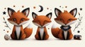 Charming illustration of three cute fox characters surrounded by whimsical elements like stars and a moon Royalty Free Stock Photo