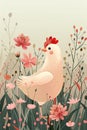 A charming illustration of a white chicken amidst a pastel floral meadow, set against a soft beige background