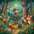 A young boy with animals in the forest at night under the moonlight ai generated Royalty Free Stock Photo