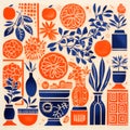 Charming Illustrations Of Ceramics, Plants, And Oranges In Light Red And Navy