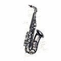 Charming Illustrations Of A Realistic Black Saxophone With Silver Keys And Music Notes