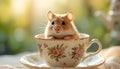 Adorable Hamster Sitting Inside Floral Tea Cup In Cozy Natural Light Setting Royalty Free Stock Photo