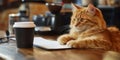 A thoughtful orange cat sits beside a warm coffee cup on a rustic wooden table. The scene captures a cozy atmosphere Royalty Free Stock Photo