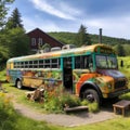 Converted School Bus Parked in a Secluded Meadow with Mural and Vegetable Garden